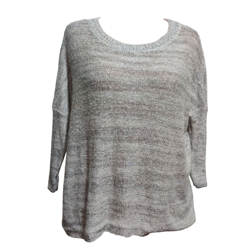 ANA XL Womens Sweater Silver Gray Knit Holographic Sequin Scoop Neck 3/4 Sleeve